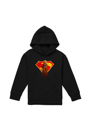 Black hooded sweatshirt with a red and yellow Superman logo featuring a woman in a brown coat and superhero outfit in the center.