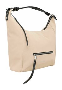 Beige Schultertasche mit schwarzem verstellbarem Träger, Front-Reißverschlussfach und silbernem Reißverschluss-Schieber, markiert "bruno banani."