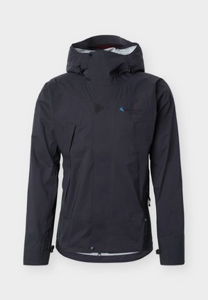 Sort vandtæt hættejakke med frontlynlås, justerbare manchetter og diskret logo på brystet, designet til udendørs brug.