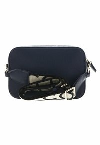 Borsa a tracolla in pelle blu navy con superficie testurizzata, chiusura a zip e una tracolla in tessuto con motivo a contrasto. Inclusi dettagli in metallo.