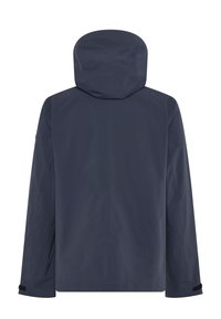 Veste imperméable bleu marine avec capuche, manches longues et bracelets de manchette ajustables. Texture lisse avec coutures minimales et aucun logo visible.