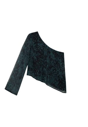 One-shoulder, cropped top in dark teal with a leopard print pattern. Features a long, fitted sleeve and a smooth, glossy texture.