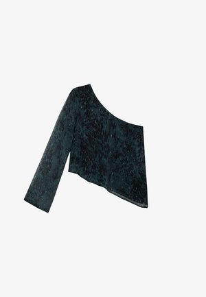 One-shoulder, cropped top in dark teal with a leopard print pattern. Features a long, fitted sleeve and a smooth, glossy texture.