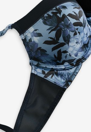 Bh met bloemenprint met een blauwe achtergrond, donkere bladeren en lichte bloemen, verstelbare onderdraad ondersteuning, zwarte kant aan de zijkanten en verstelbare bandjes.