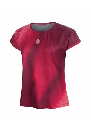 T-shirt de sport bordeaux à manches courtes avec col rond et petit logo circulaire sur la poitrine.