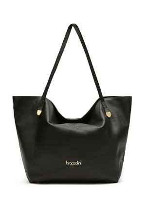 Borsa tote in pelle nera strutturata con manici lunghi e piccolo logo dorato del marchio "braccialini" al centro davanti.