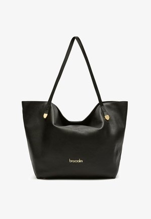 Borsa tote in pelle nera strutturata con manici lunghi e piccolo logo dorato del marchio "braccialini" al centro davanti.