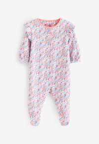 Floral-patterned romper with pink accents, long sleeves, and ruffled shoulders. Made from soft fabric with footed design for comfort.