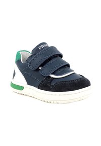 Sneaker blu navy con due strap in velcro, dettagli bianchi e verdi, materiali in suede e pelle, suola bianca con grip texturizzato.