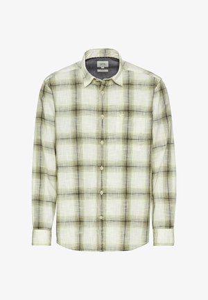 Langärmliges kariertes Hemd in hellgrün und schwarz, mit Knöpfen, einem Kragen und einer Tasche auf der linken Brust. Mischgewebe aus Baumwolle.