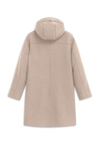Beige Wollmantel mit langen Ärmeln und einer gepolsterten Kapuze, von hinten vor weißem Hintergrund gezeigt.