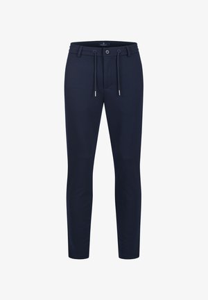 Marineblå slim-fit bukser med bæltestropper, knaplukning og snøre i taljen, vist mod en hvid baggrund.