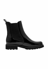 Černé chelsea boty z lesklé lakované kůže s elastickými bočními panely, poutkem na patě a texturovanou gumovou podrážkou.