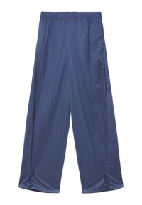 Marineblaue, weit geschnittene Hose mit elastischem Bund, gefertigt aus leichtem Material. Verfügt über zwei Knöpfe am Saum am Knöchel.