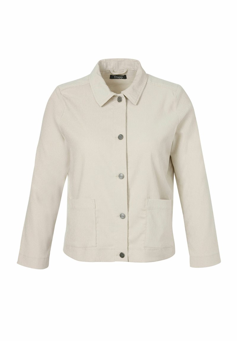 Crèmekleurige corduroy jas met vijf metalen knopen, twee voorzakken, lange mouwen en een puntige kraag.