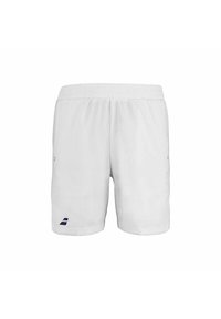 Shorts deportivos blancos con una cintura elástica, que presentan un pequeño logotipo azul en el lado izquierdo. Fabricados con un tejido ligero y transpirable.