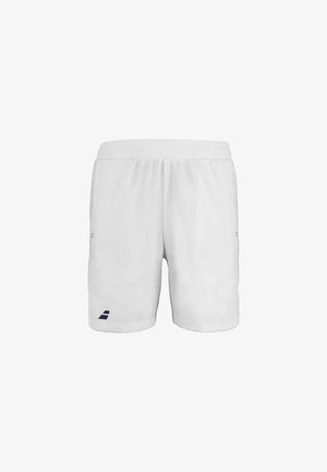 Shorts deportivos blancos con una cintura elástica, que presentan un pequeño logotipo azul en el lado izquierdo. Fabricados con un tejido ligero y transpirable.