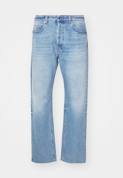 Light blue denim jeans with a straight leg design. Features subtle fading, a button closure, and five-pocket styling with a classic waistband.