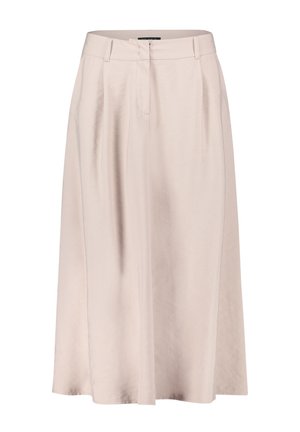 Lichtroze A-lijn rok van gladde stof, met een hoge taille, plooien en zijzakken voor extra detail.