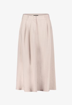 Jasnoróżowa spódnica w kształcie litery A, wykonana z gładkiego materiału, z wysokim stanem, plisami i kieszeniami bocznymi dla dodatkowego uroku.