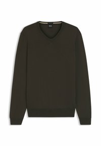 Maglione verde scuro a collo a V realizzato in un tessuto a maglia fine, con maniche lunghe e un logo discreto. I polsini e l'orlo strutturati completano il design.