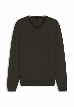Pull-over vert foncé en V en maille fine, à manches longues et avec un logo discret. Les poignets et la taille texturés complètent le design.