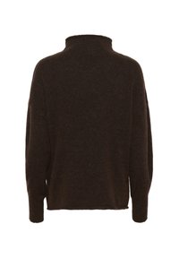 Brauner, übergroßer Pullover mit hohem Kragen, aus einem weichen, strukturierten Stoff. Hat lange Ärmel und einen geraden Saum.