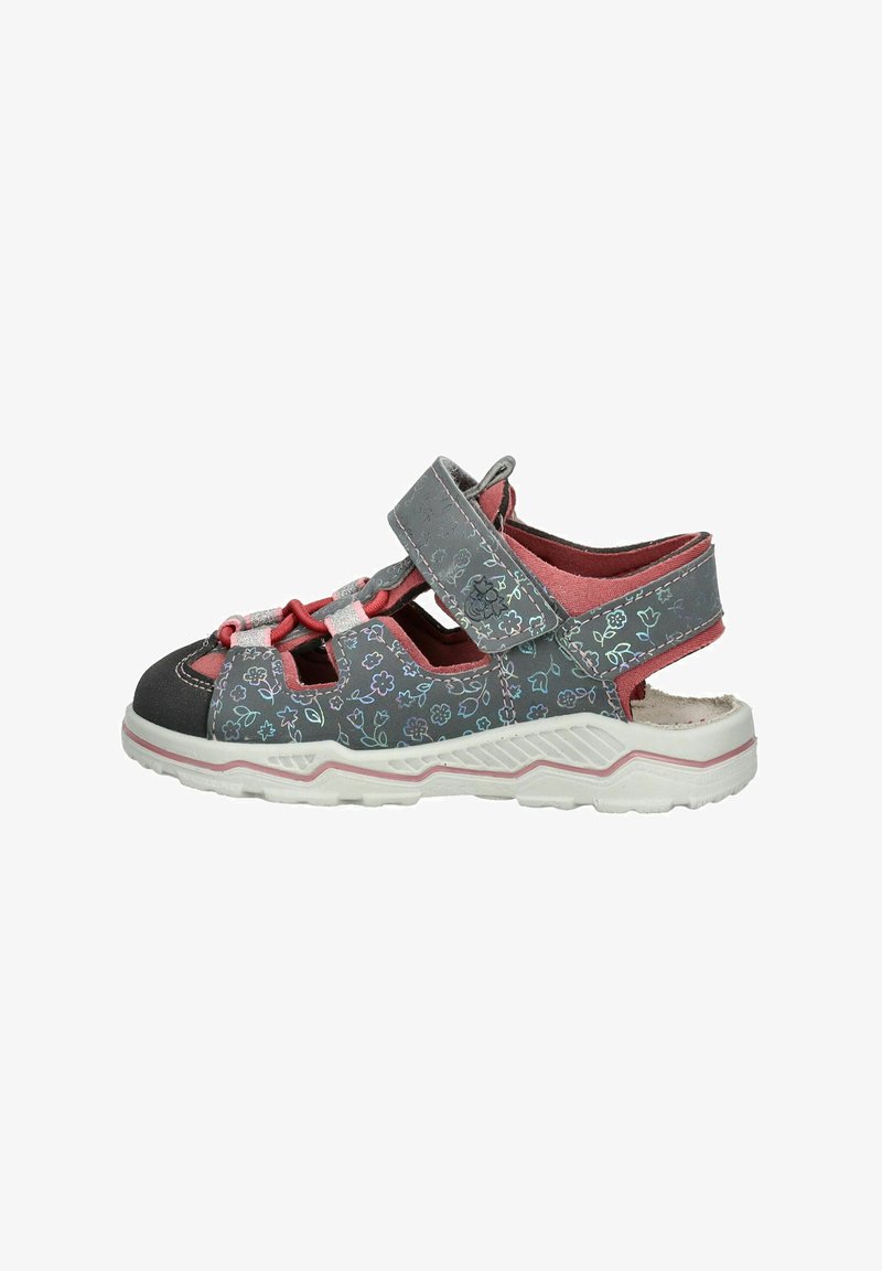 Sandalo grigio con motivi floreali, fascia regolabile in velcro, ritagli traspiranti, cappuccio in gomma per le dita e suola bianca testurizzata.