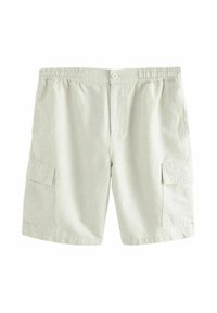 Light gray cargo shorts made of textured fabric, featuring an elastic waistband, button closure, and two side pockets.