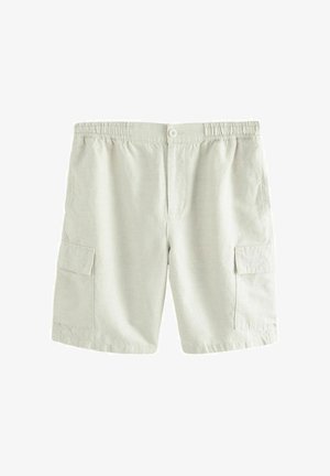 Hellgraue Cargoshorts aus strukturiertem Stoff, mit elastischem Bund, Knopfverschluss und zwei Seitentaschen.