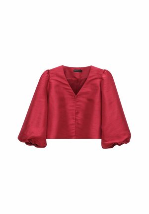 Red satin cropped blouse with a V-neckline, voluminous puff sleeves, and a smooth texture. Features subtle sheen and gathered sleeve hems.