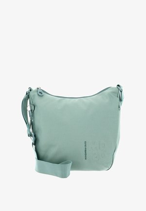 Sac à épaule vert menthe en matériau texturé, avec fermeture éclair, sangle ajustable et logo discret embossé sur le côté.