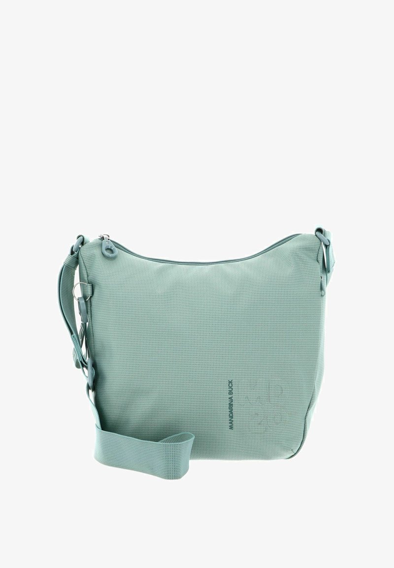 Sac à épaule vert menthe en matériau texturé, avec fermeture éclair, sangle ajustable et logo discret embossé sur le côté.