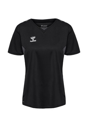 Sort sportstrøje med korte ærmer og V-hals, små grå sidepaneler og hvidt Hummel-logo på venstre bryst.