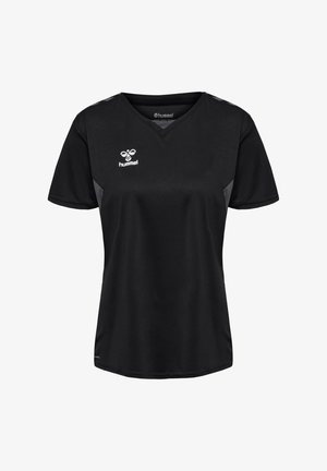 Sort sportstrøje med korte ærmer og V-hals, små grå sidepaneler og hvidt Hummel-logo på venstre bryst.