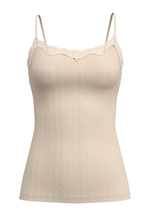 Beige camisole with thin straps, textured vertical ribbing, and a lace trim neckline. Features a small decorative bow at the center.