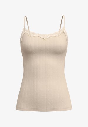 Camisola beige con spalline sottili, texture a righe verticali e scollatura decorata con pizzo. Presenta un piccolo fiocco decorativo al centro.