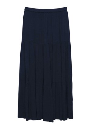 Długa, granatowa spódnica na kilka warstw, z marszczoną gumką w talii i delikatnymi zakładkami tworzącymi zwiewny fason.