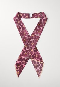 Silk scarf featuring a geometric floral pattern in shades of purple and pink with yellow accents. Tapered ends and a smooth texture.