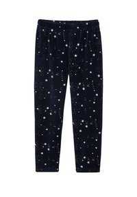 Navy leggings made of soft fabric with an elastic waistband, featuring a star pattern in silver across the entire surface.