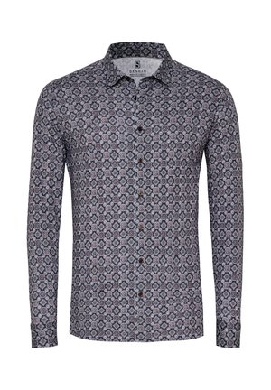 Long-sleeved shirt in navy, featuring a geometric pattern with circular motifs. Fabric has a smooth texture, with brown buttons and a collar.