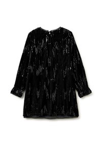Černé sametové šaty s dlouhými rukávy, zdobené svislými lesklými flitry. Kulatý výstřih s klíčovým otvorem vzadu. Volnější střih.