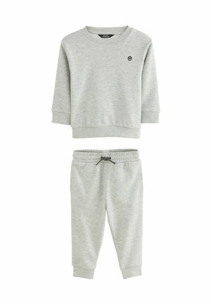 Hellgrauer Sweatshirt mit langen Ärmeln und gerippten Bündchen, kombiniert mit passender Sweatpants mit elastischem Bund und Kordelzug.
