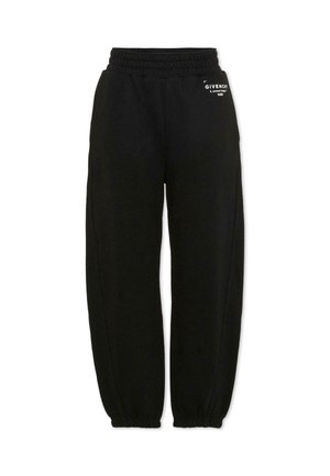 Pantaloni della tuta neri con vita elastica, orli arricciati e piccolo logo bianco Givenchy sulla parte superiore della coscia sinistra.