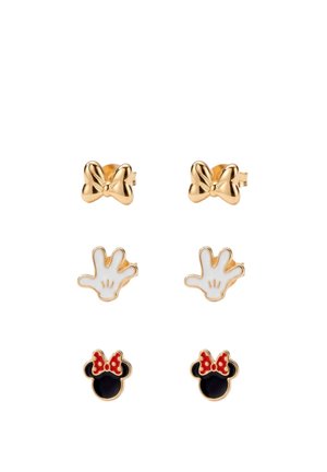 Three pairs of stud earrings: gold bows, white gloves with gold outline, and black mouse heads with red polka-dot bows.
