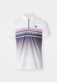 White polo shirt with short sleeves, front zipper, horizontal stripes in purple, pink, and gray, and a small black logo on the chest.