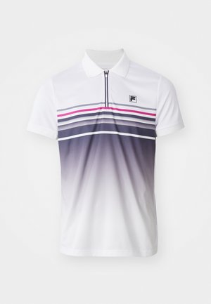 White polo shirt with short sleeves, front zipper, horizontal stripes in purple, pink, and gray, and a small black logo on the chest.