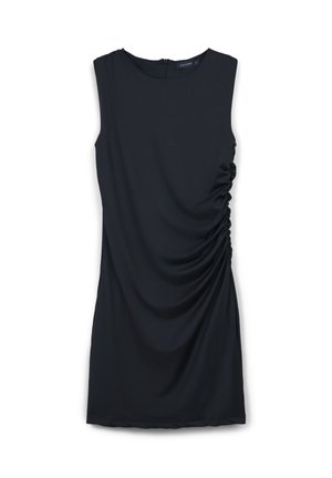 Abito nero senza maniche con scollatura rotonda, dotato di arricciature laterali e zip sul retro nascosta. Realizzato in tessuto morbido ed elastico.