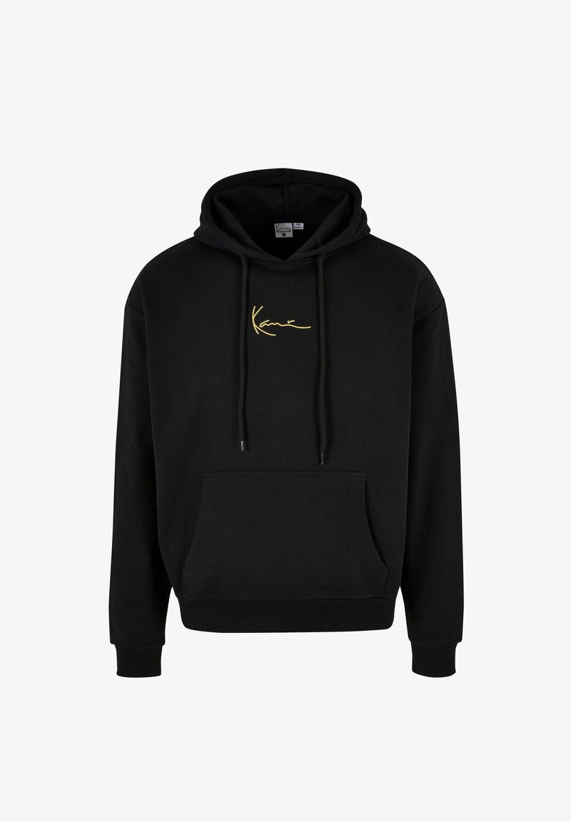 Melns kapuci džemperis ar priekšējo kabatu, aukliņām ap galvu un zelta "Kane" izšuvumu uz krūštura. Mīksta auduma un ribotām piedurknēm.