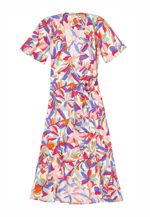 Lichte, knielange jurk met een wikkeldesign. Heeft kleurrijke bloemenpatronen in roze, paars, oranje en blauw op een crème achtergrond.